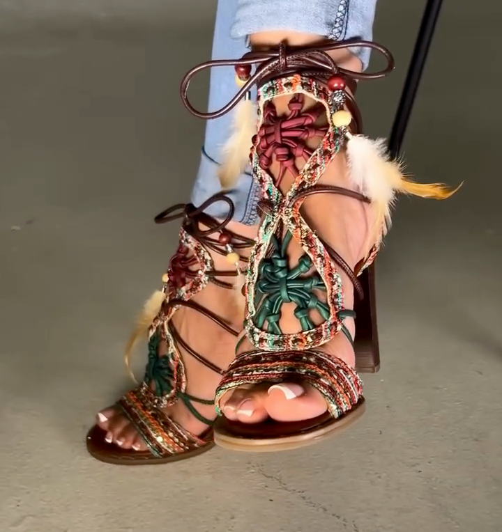 Boho Multicolor Woven Dreamcatcher Feather Block Heel Gladiator Sandals