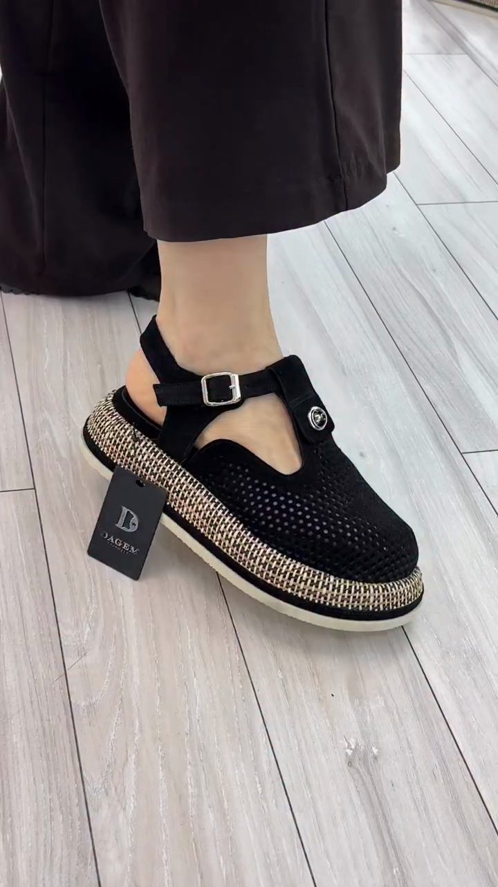 Black Mesh Espadrille-Style Sandals with Buckle Strap