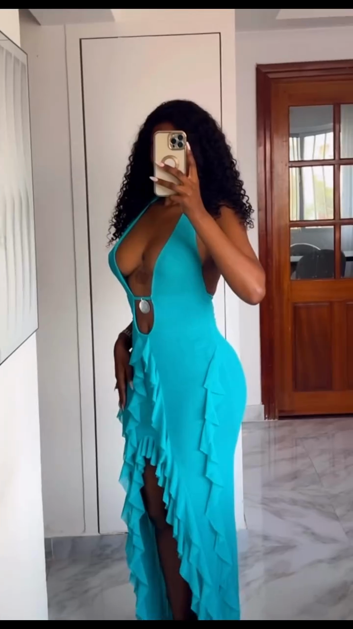 Turquoise Halter Ruffle Cutout Maxi Dress