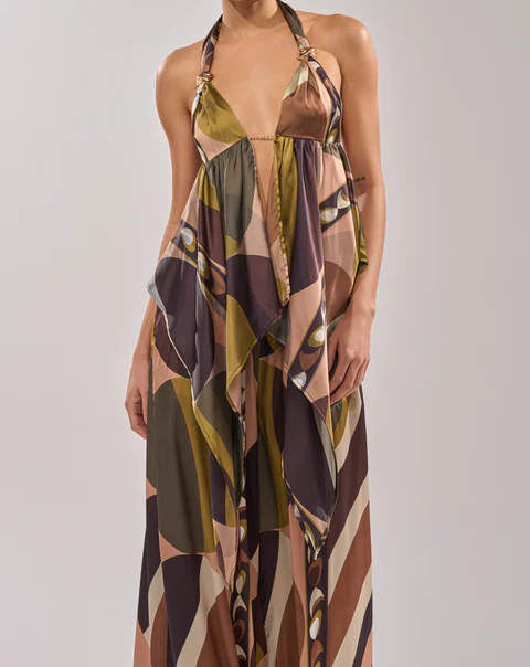 Geometric Print Halter Maxi Jumpsuit
