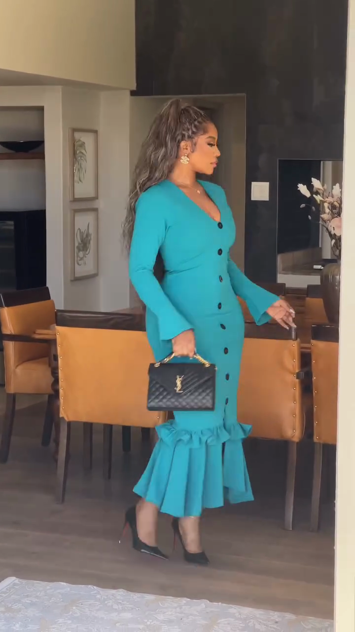 Teal Button-Front Ruffle Midi Dress