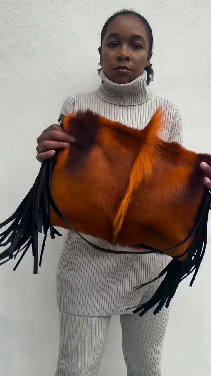 Orange Cowhide Fringe Clutch Bag