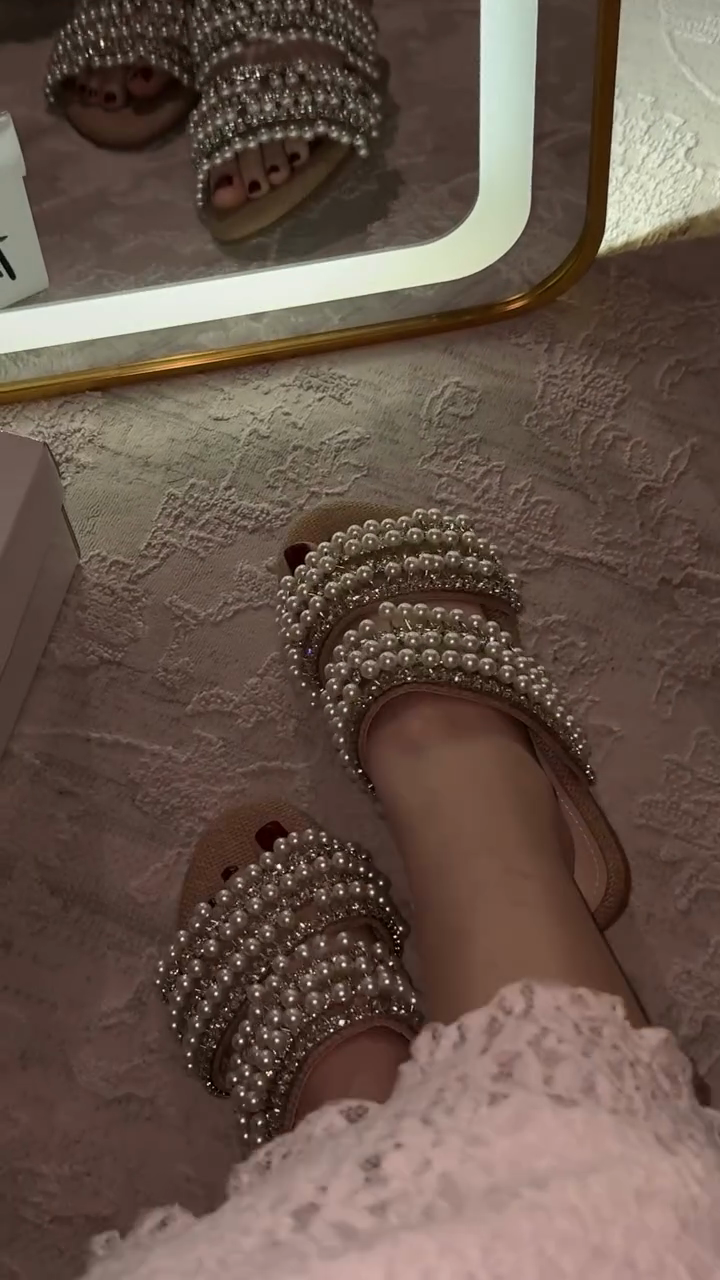 Nude Mesh Multi-Tier Pearl & Crystal Embellished Flat Sandals
