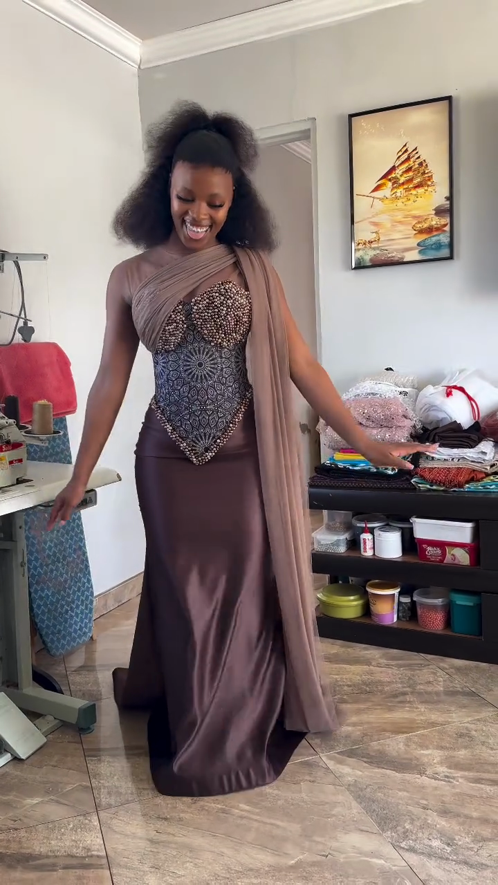 Brown Beaded Corset Satin Gown