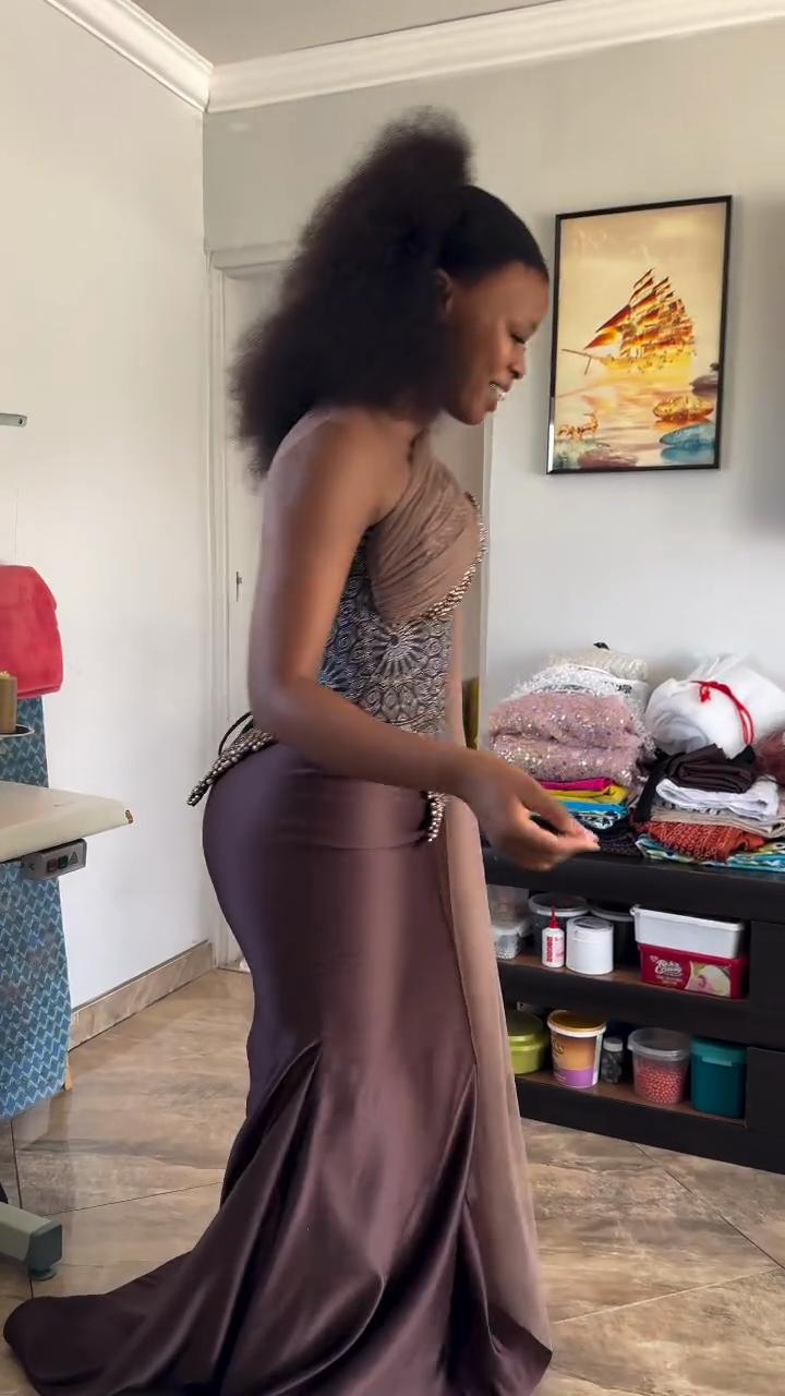 Brown Beaded Corset Satin Gown