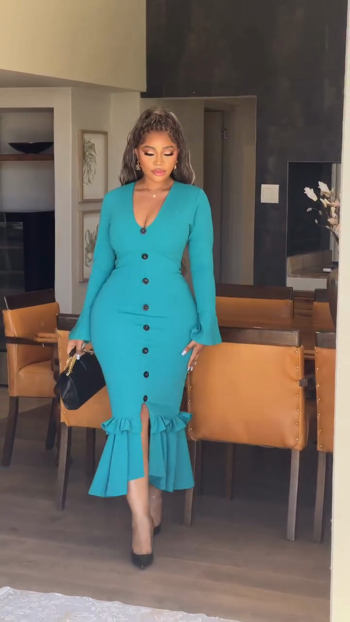 Teal Button-Front Ruffle Midi Dress