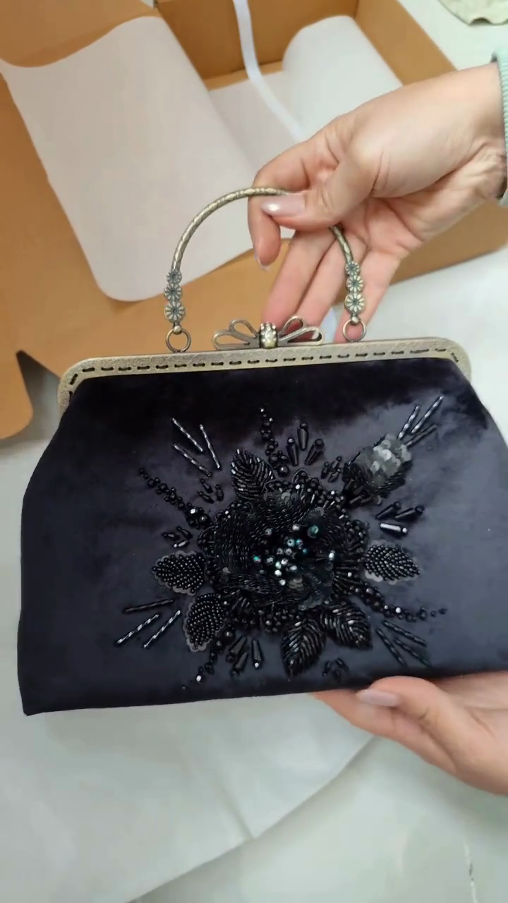 Black Velvet Hand-Beaded 3D Floral Frame Clutch Bag