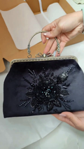 Black Velvet Hand-Beaded 3D Floral Frame Clutch Bag