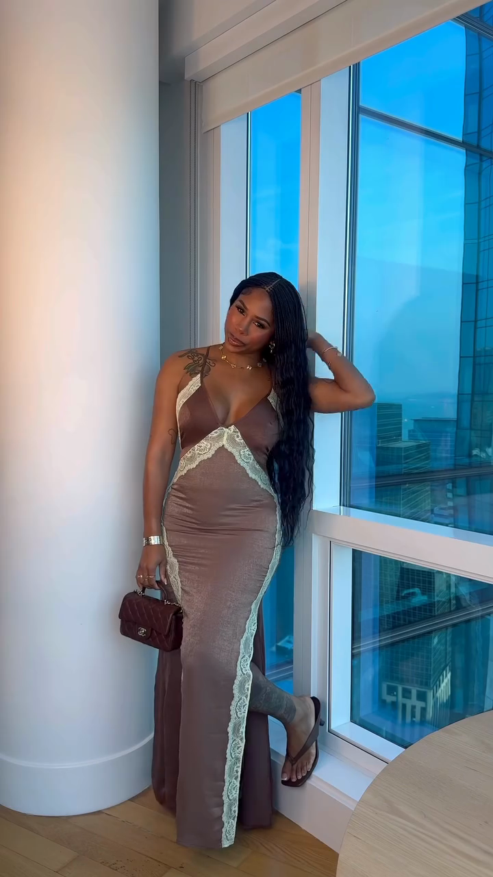 Mocha Satin Lace Trim Maxi Dress