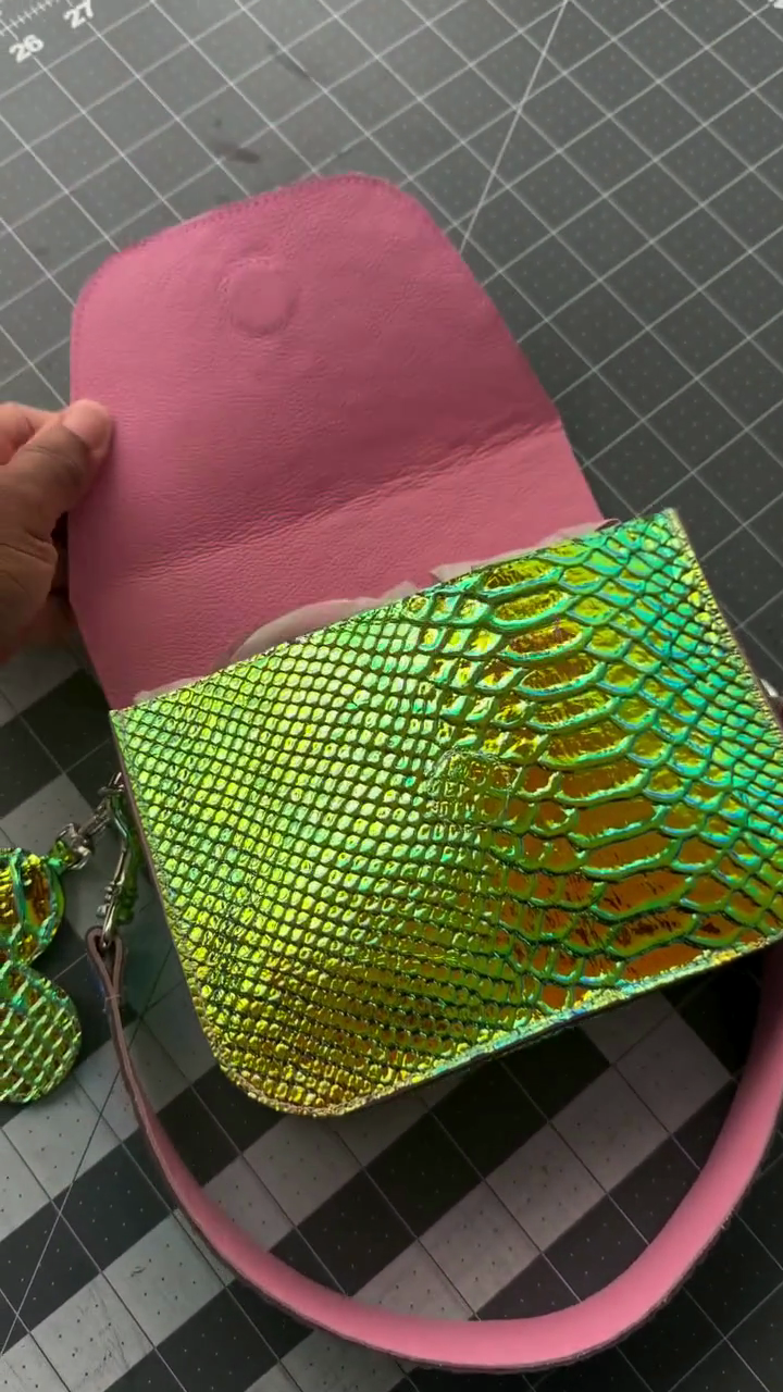 Holographic Iridescent Snake Print Saddle Bag with Heart Charm