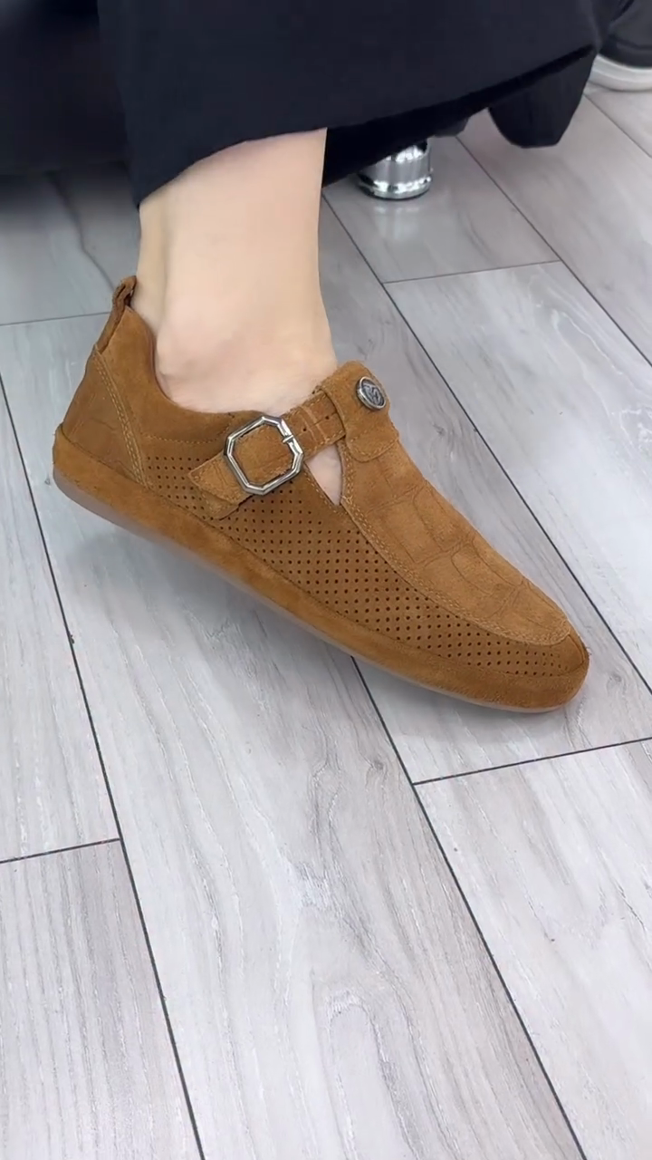 Tan Suede Perforated Mary Jane Flats