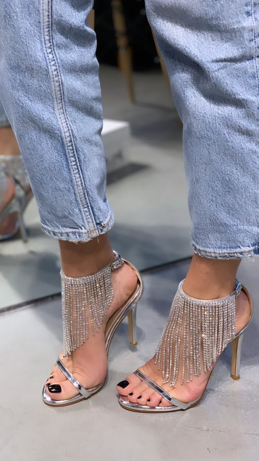 Silver Crystal Fringe Stiletto Sandals
