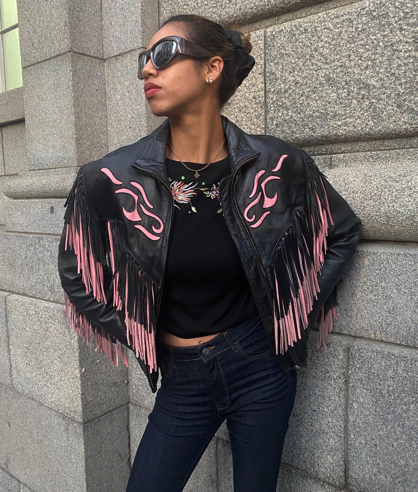 Fringe Embroidered Leather Jacket