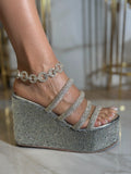 Silver Crystal Multi-Strap Wedge Slide Sandals