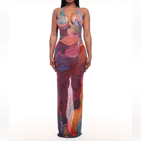 Multicolor Abstract Print Halter Maxi Dress