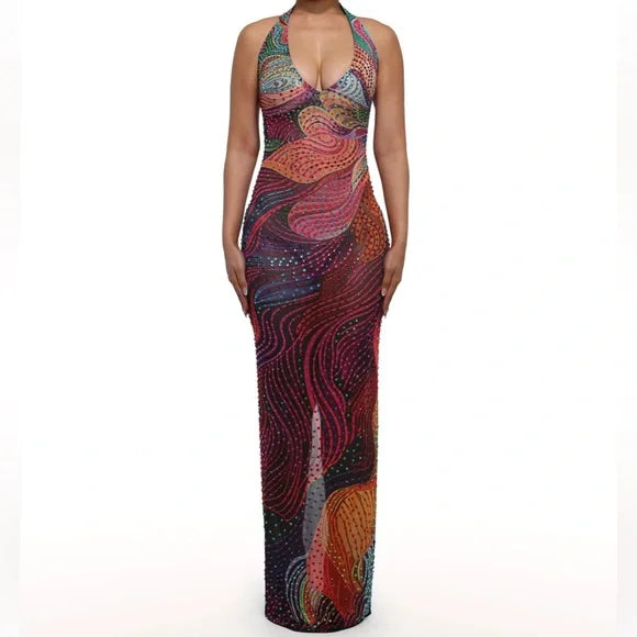 Multicolor Abstract Print Halter Maxi Dress