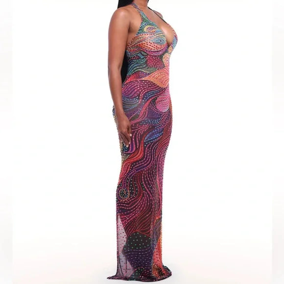 Multicolor Abstract Print Halter Maxi Dress