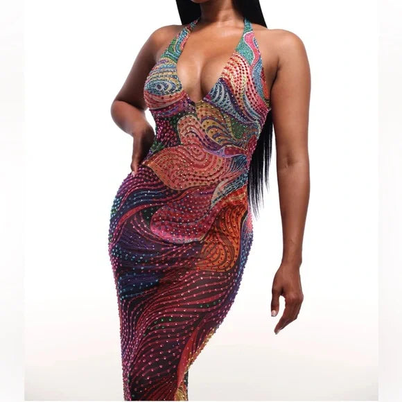 Multicolor Abstract Print Halter Maxi Dress