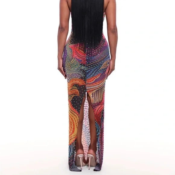 Multicolor Abstract Print Halter Maxi Dress
