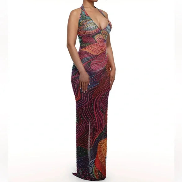Multicolor Abstract Print Halter Maxi Dress