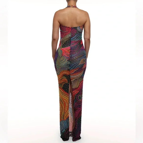Multicolor Abstract Print Halter Maxi Dress
