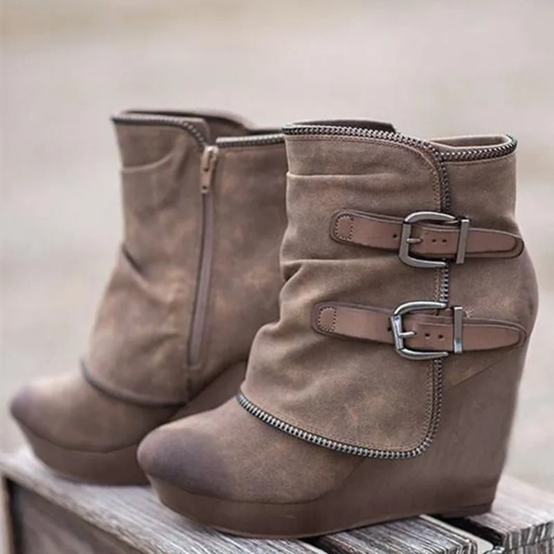 Taupe Suede Buckle Wedge Ankle Boots