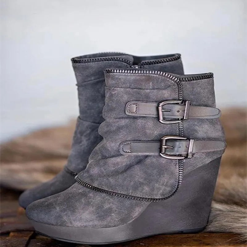 Taupe Suede Buckle Wedge Ankle Boots
