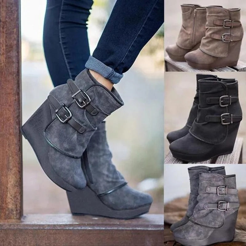 Taupe Suede Buckle Wedge Ankle Boots