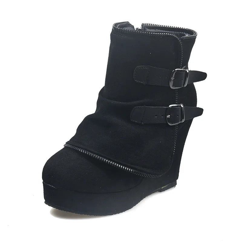 Taupe Suede Buckle Wedge Ankle Boots