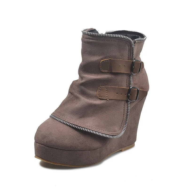 Taupe Suede Buckle Wedge Ankle Boots