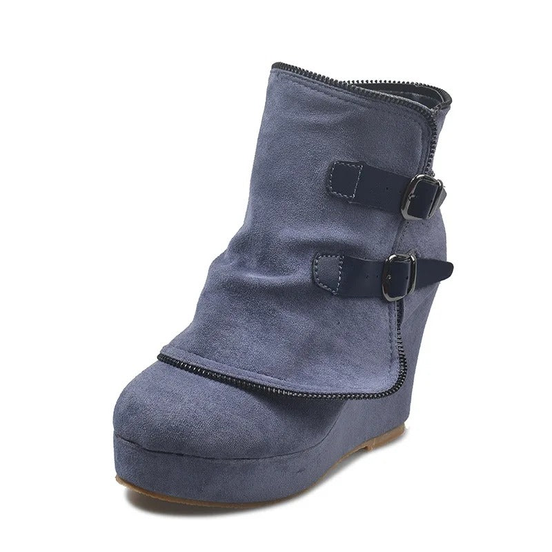 Taupe Suede Buckle Wedge Ankle Boots