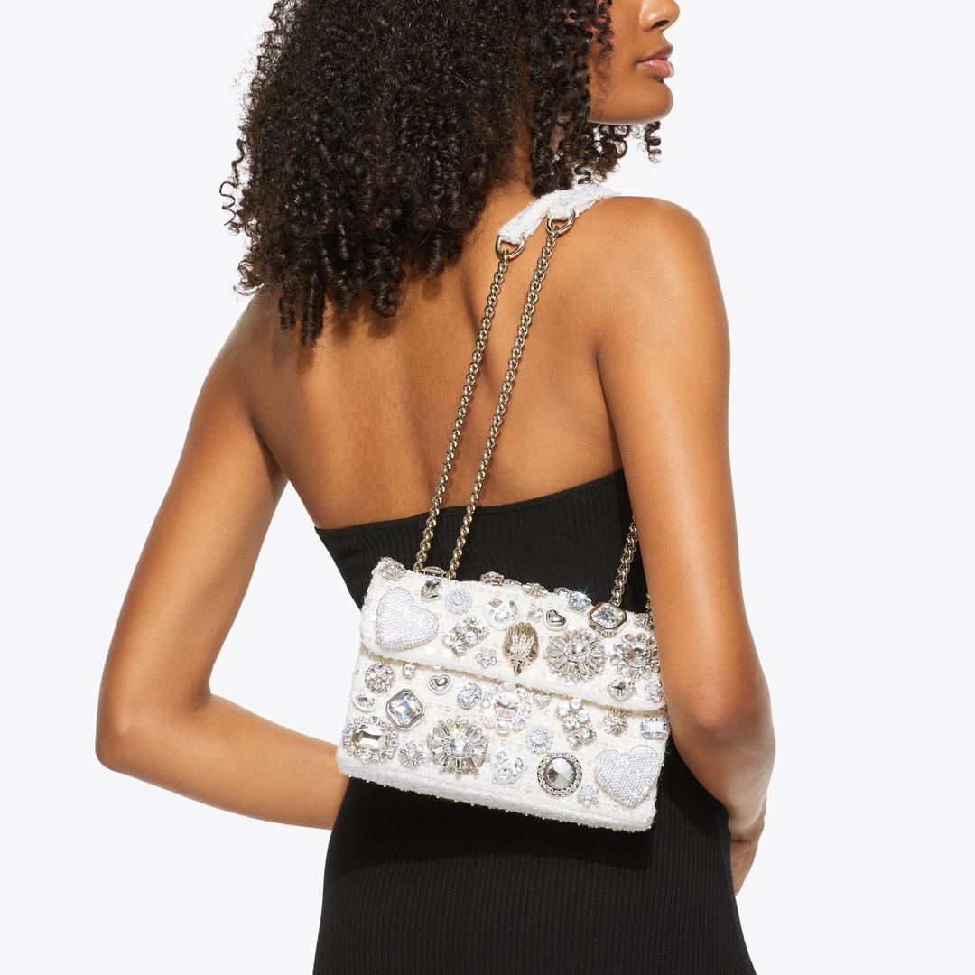 White Tweed Crystal Embellished Chain Shoulder Bag