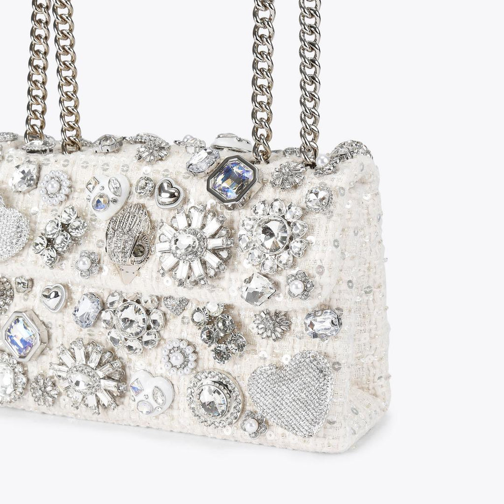White Tweed Crystal Embellished Chain Shoulder Bag