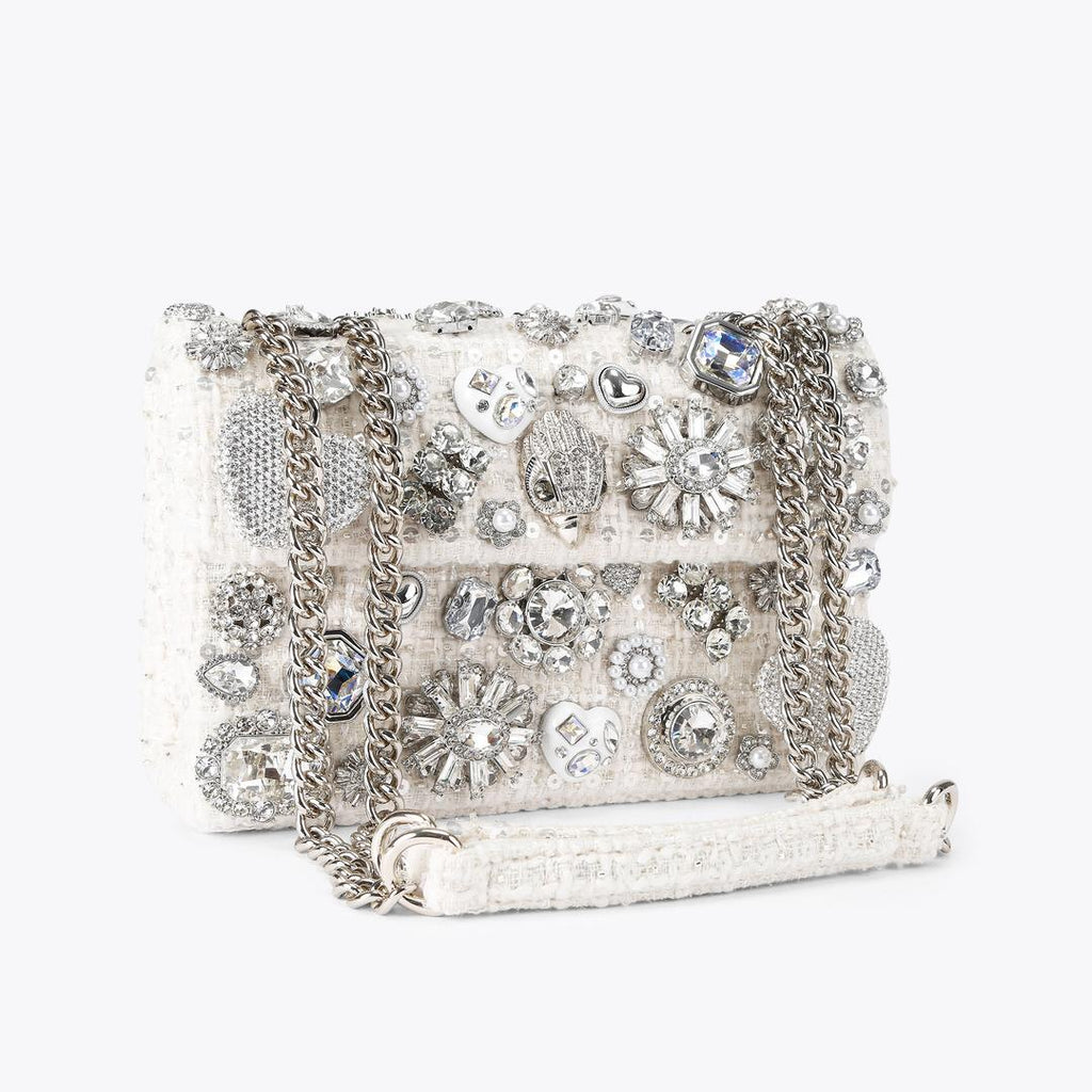 White Tweed Crystal Embellished Chain Shoulder Bag