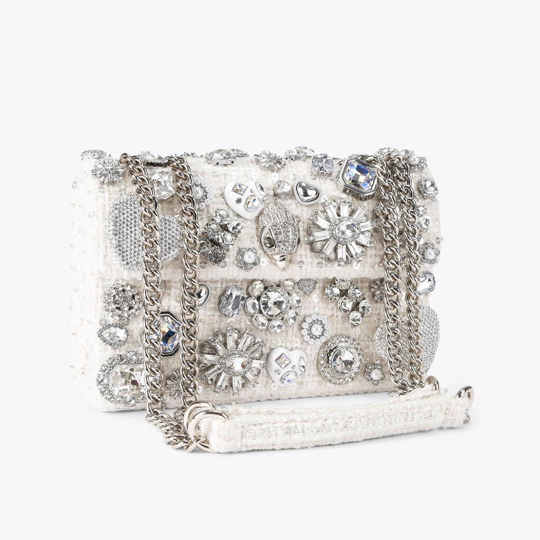 White Tweed Crystal Embellished Chain Shoulder Bag