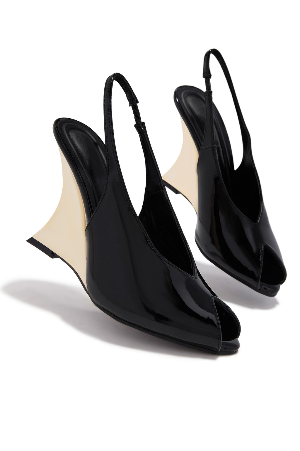 Black Patent Leather Peep-Toe Wedge Slingbacks