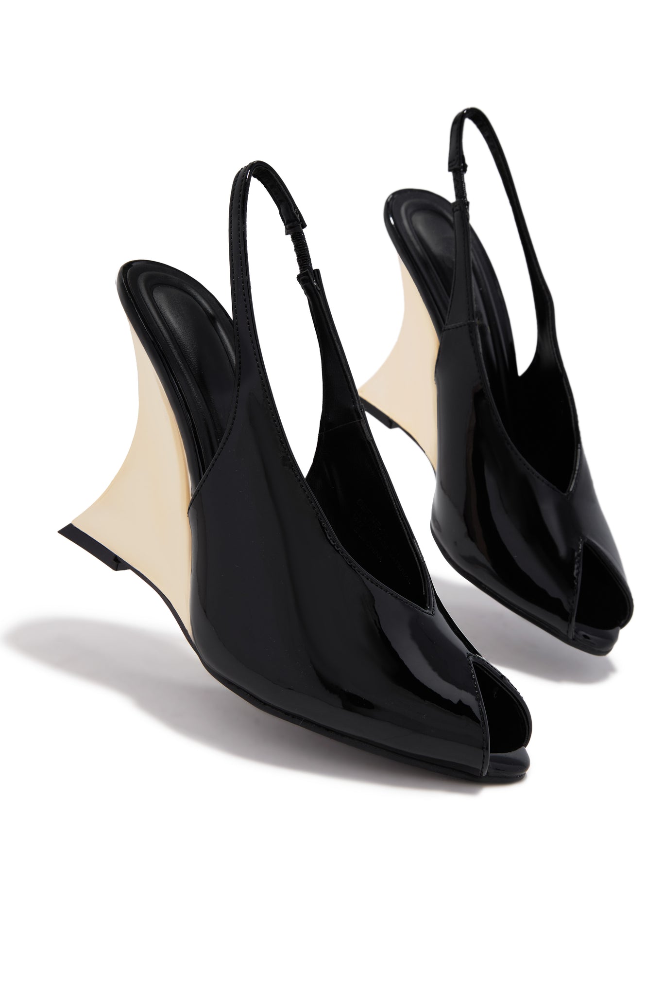 Black Patent Leather Peep-Toe Wedge Slingbacks