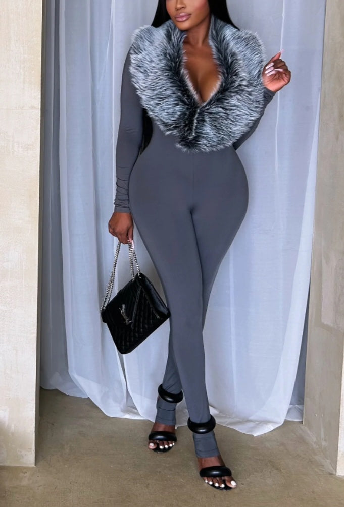 Luxury Faux Fur Collar Bodycon Jumpsuit