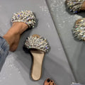 Silver Crystal Ruched Flat Slide Sandals