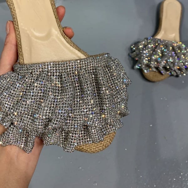 Silver Crystal Ruched Flat Slide Sandals