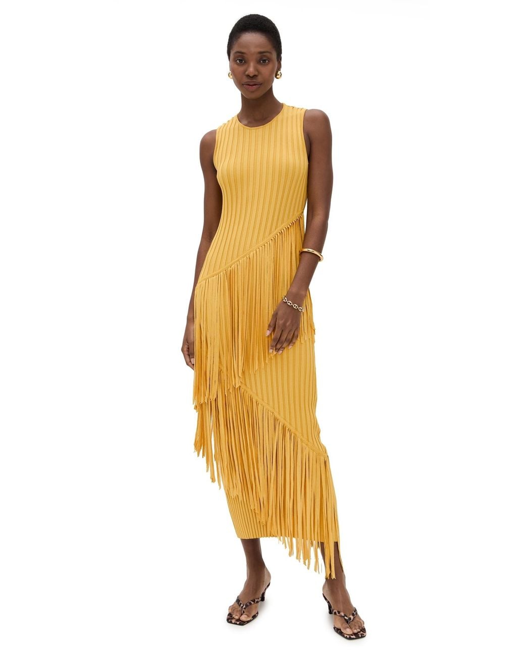 Mustard Yellow Ribbed Fringe Sleeveless Midi Dress