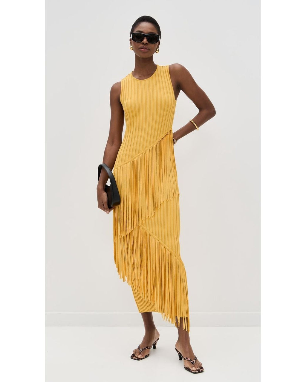Mustard Yellow Ribbed Fringe Sleeveless Midi Dress