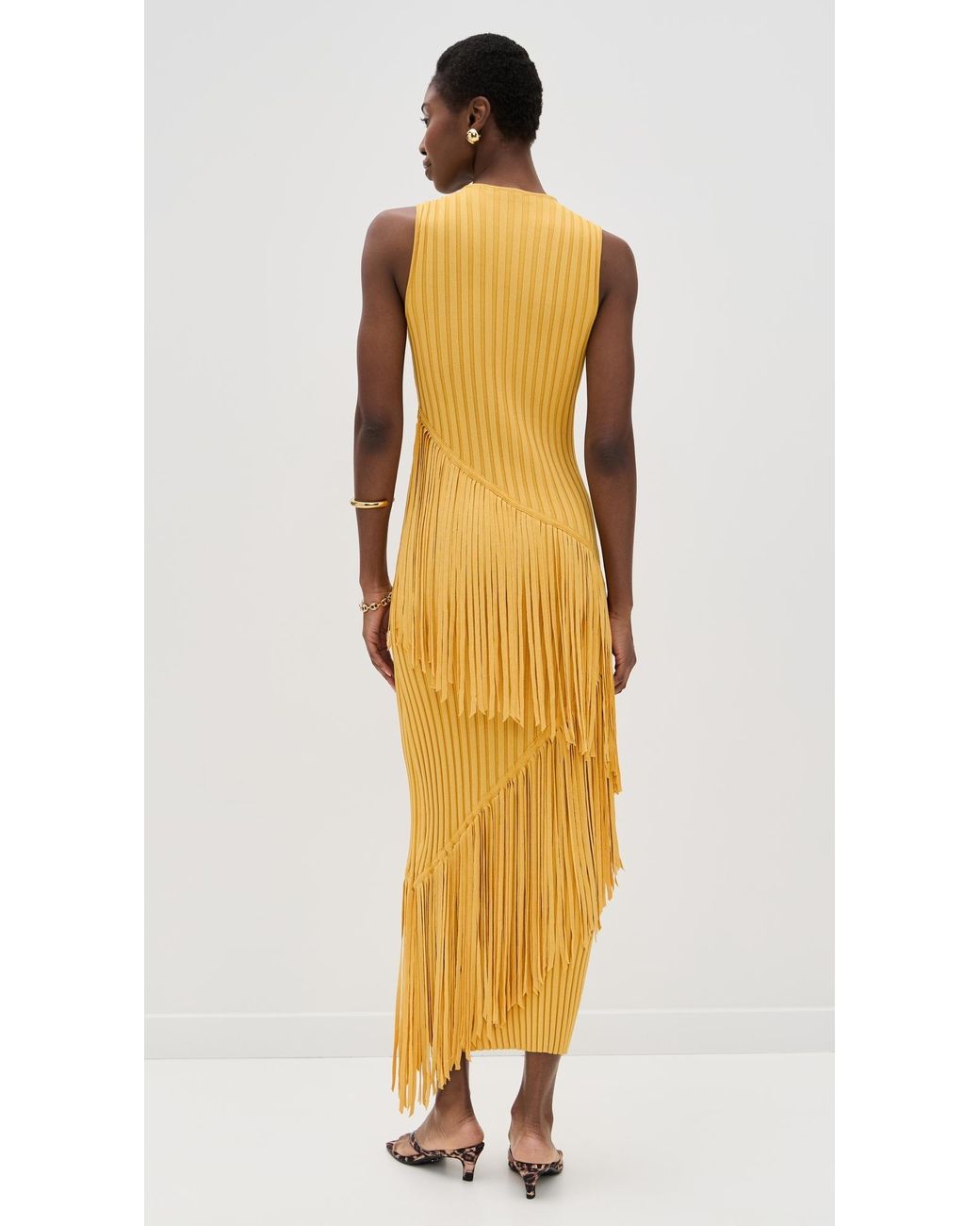 Mustard Yellow Ribbed Fringe Sleeveless Midi Dress