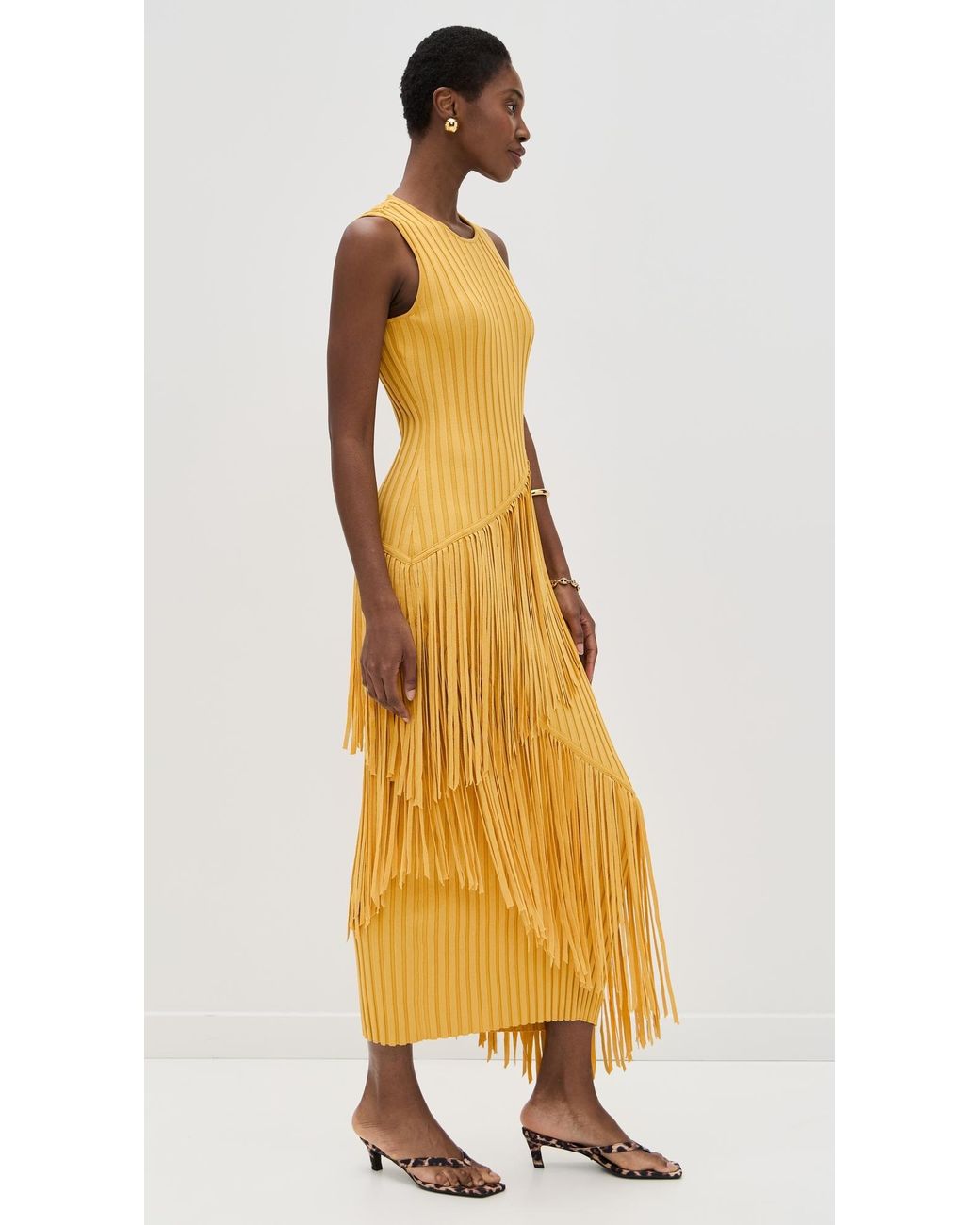 Mustard Yellow Ribbed Fringe Sleeveless Midi Dress