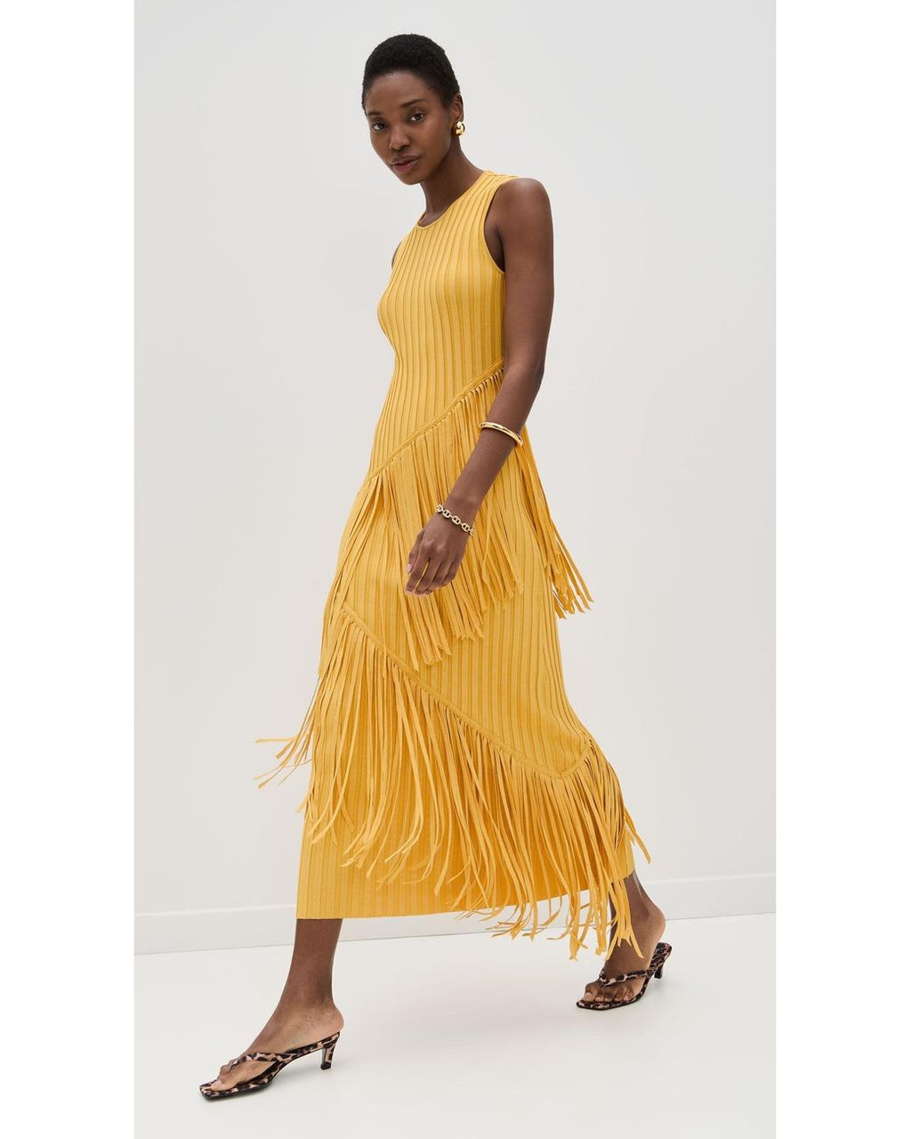 Mustard Yellow Ribbed Fringe Sleeveless Midi Dress