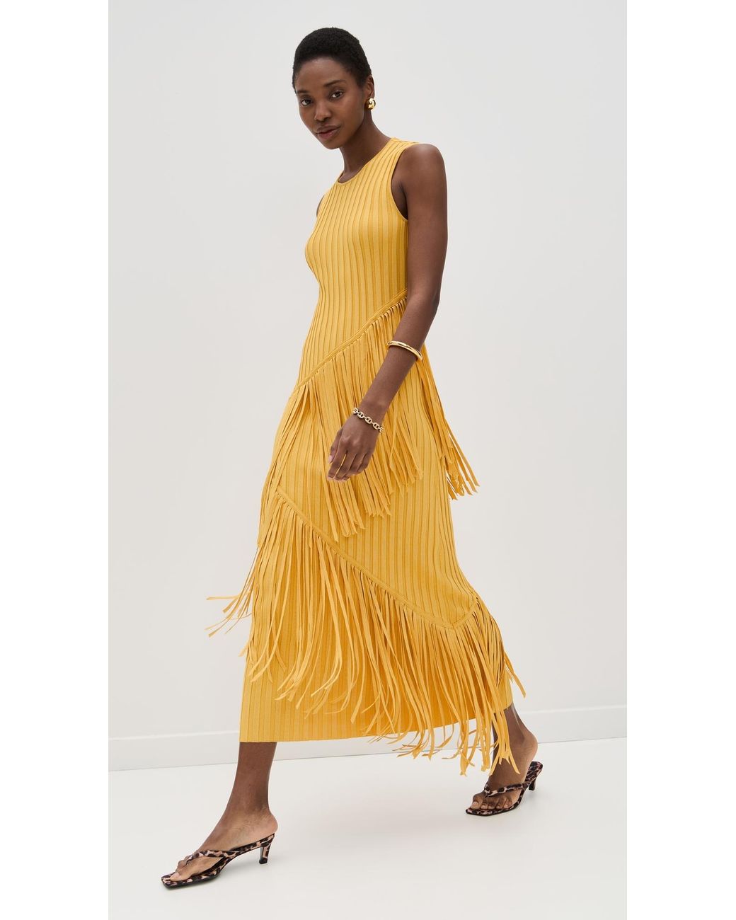 Mustard Yellow Ribbed Fringe Sleeveless Midi Dress