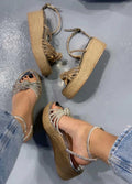 Gold Crystal Knot Espadrille Wedge Sandals